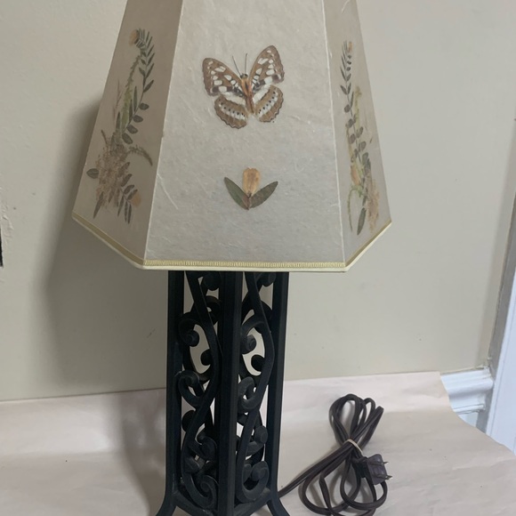 Rustic Metal Table Lamp Botanical Pressed Flower Butterfly Shade Cottage Decor